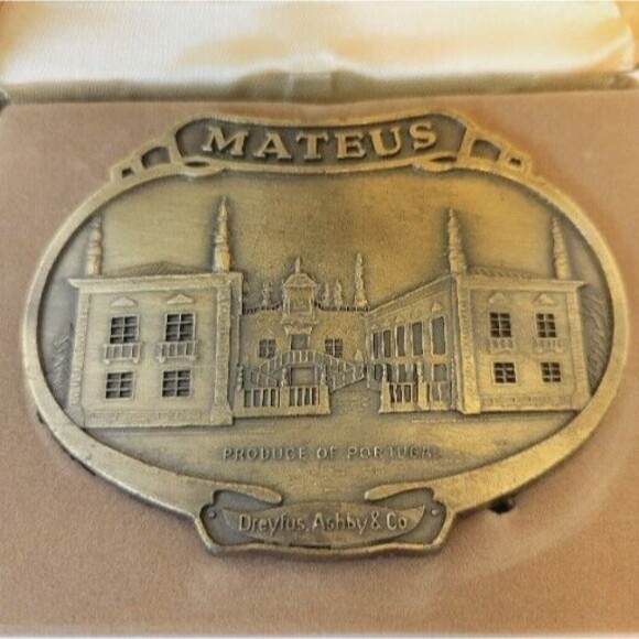 Vtg 1970s Mateus Booze Produce Of Portugal Brasstone Belt Buckle With Box - Picture 3 of 6